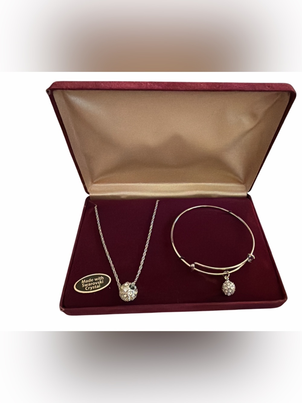 Swarovski Crystal Pendant Necklace and Bangle Set - Silver Tone